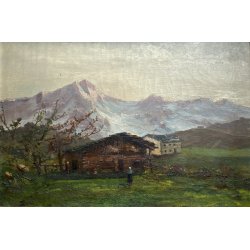 GRANDE ANTICO DIPINTO OLIO ALPEGGIO MONTAGNE BAITA PAESAGGIO MONTANO FIGURA '800