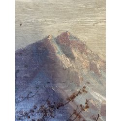 GRANDE ANTICO DIPINTO OLIO ALPEGGIO MONTAGNE BAITA PAESAGGIO MONTANO FIGURA '800