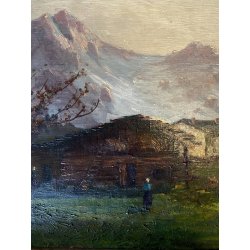 GRANDE ANTICO DIPINTO OLIO ALPEGGIO MONTAGNE BAITA PAESAGGIO MONTANO FIGURA '800