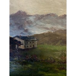 GRANDE ANTICO DIPINTO OLIO ALPEGGIO MONTAGNE BAITA PAESAGGIO MONTANO FIGURA '800