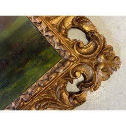 GRANDE ANTICO DIPINTO OLIO ALPEGGIO MONTAGNE BAITA PAESAGGIO MONTANO FIGURA '800