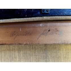 GRANDE ANTICO DIPINTO OLIO ALPEGGIO MONTAGNE BAITA PAESAGGIO MONTANO FIGURA '800