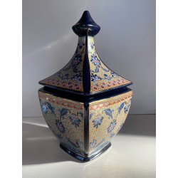 VASO POTICHE CERAMICA BLU COBALTO DECORO SMALTO POLICROMO ORO STILE CINESE 28/cm