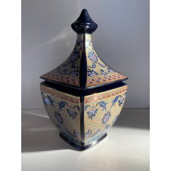 VASO POTICHE CERAMICA BLU COBALTO DECORO SMALTO POLICROMO ORO STILE CINESE 28/cm