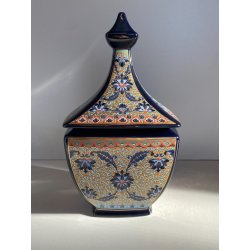 VASO POTICHE CERAMICA BLU COBALTO DECORO SMALTO POLICROMO ORO STILE CINESE 28/cm