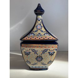 VASO POTICHE CERAMICA BLU COBALTO DECORO SMALTO POLICROMO ORO STILE CINESE 28/cm
