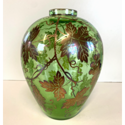 ANTICO VASO VETRO VERDE TRASPARENTE DECORO ARGENTATO TRALCI VITE ART NOUVEAU '20