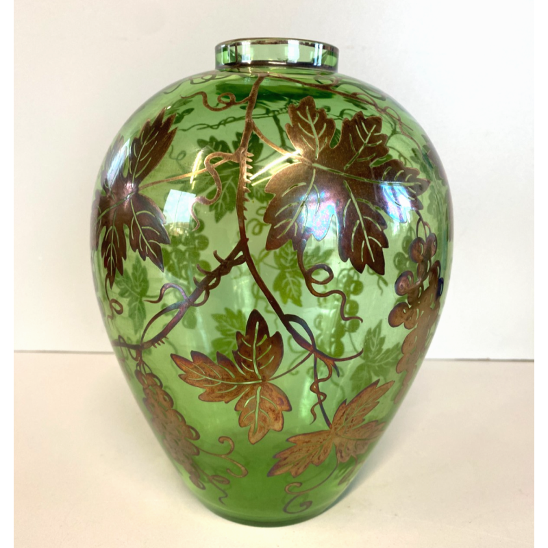 ANTICO VASO VETRO VERDE TRASPARENTE DECORO ARGENTATO TRALCI VITE ART NOUVEAU '20