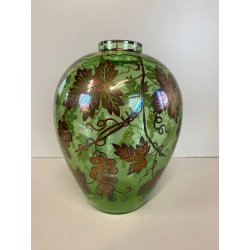 ANTICO VASO VETRO VERDE TRASPARENTE DECORO ARGENTATO TRALCI VITE ART NOUVEAU '20