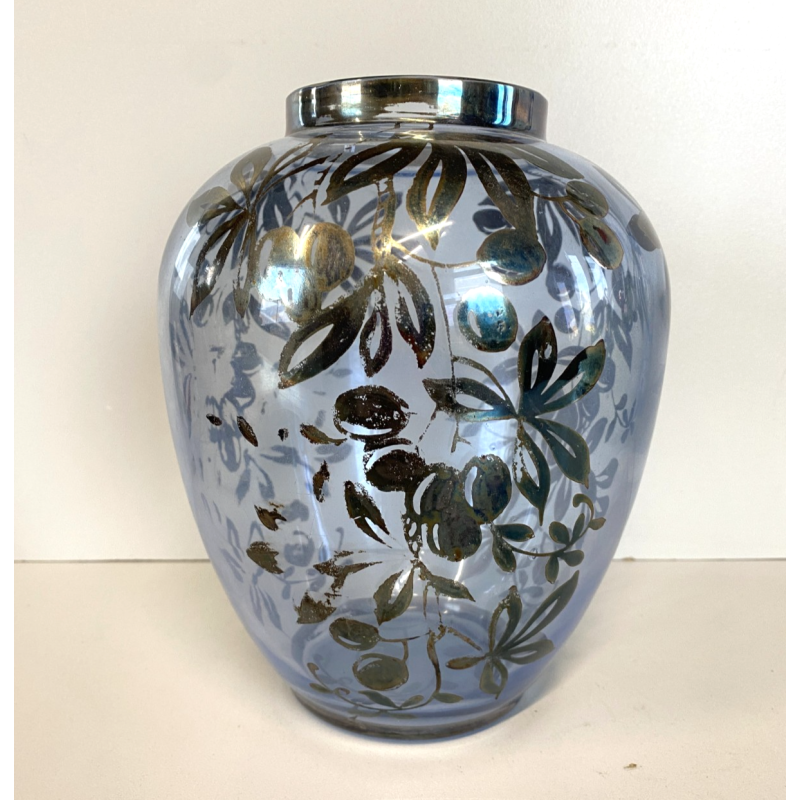 ANTICO VASO VETRO BLU TRASPARENTE DECORO ARGENTATO FOGLIE FRUTTI ART NOUVEAU '20