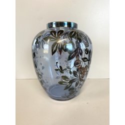 ANTICO VASO VETRO BLU TRASPARENTE DECORO ARGENTATO FOGLIE FRUTTI ART NOUVEAU '20