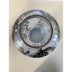 ANTICO VASO VETRO BLU TRASPARENTE DECORO ARGENTATO FOGLIE FRUTTI ART NOUVEAU '20
