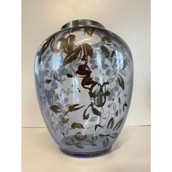 ANTICO VASO VETRO BLU TRASPARENTE DECORO ARGENTATO FOGLIE FRUTTI ART NOUVEAU '20