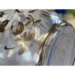 ANTICO VASO VETRO BLU TRASPARENTE DECORO ARGENTATO FOGLIE FRUTTI ART NOUVEAU '20