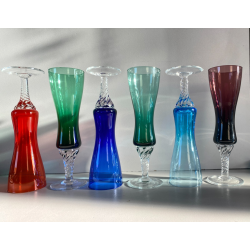 SET 6 BICCHIERI FLUTE CHAMPAGNE VINTAGE VETRO Murano POLICROMO STELO TORCHON '60