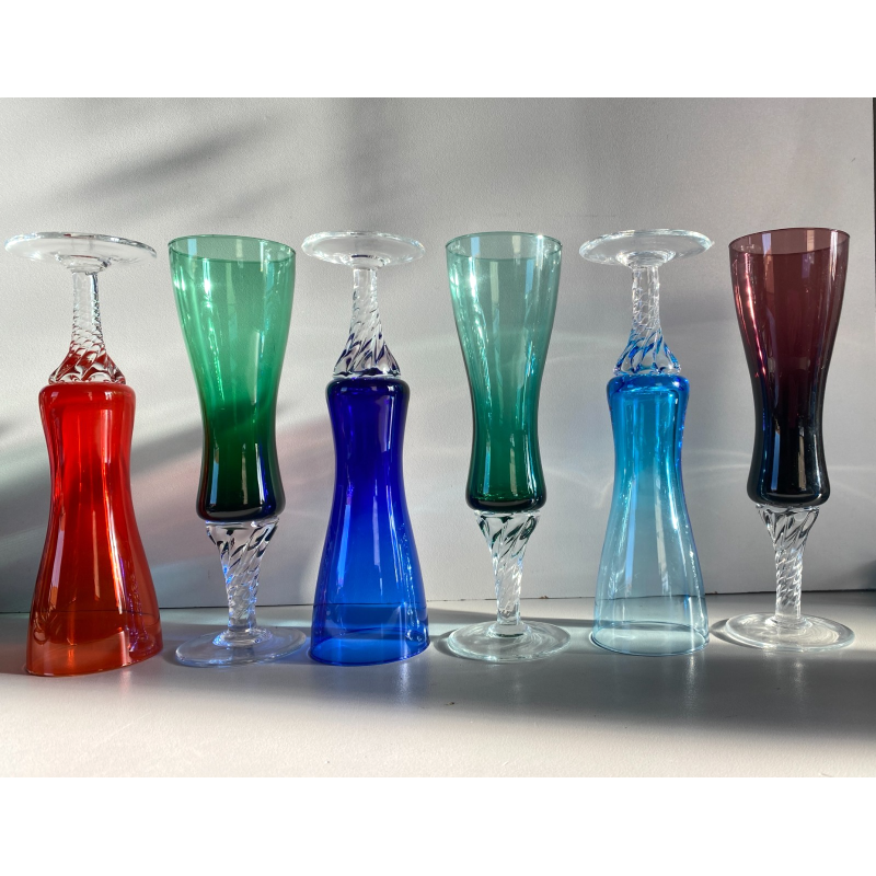 SET 6 BICCHIERI FLUTE CHAMPAGNE VINTAGE VETRO Murano POLICROMO STELO TORCHON '60