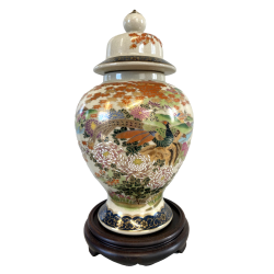 VASO con COPERCHIO PORCELLANA Satsuma JAPAN DECORO ISTORIATO PAVONI FIORI FOGLIE