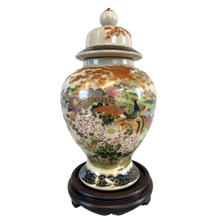 VASO con COPERCHIO PORCELLANA Satsuma JAPAN DECORO ISTORIATO PAVONI FIORI FOGLIE