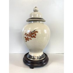 VASO con COPERCHIO PORCELLANA Satsuma JAPAN DECORO ISTORIATO PAVONI FIORI FOGLIE