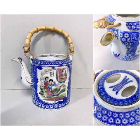 TEIERA CERAMICA BIANCA BLU MANICO BAMBU DECORO "Geisha" RISERVE ISTORIATE '50