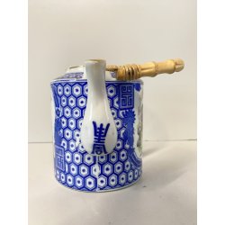 TEIERA CERAMICA BIANCA BLU MANICO BAMBU DECORO "Geisha" RISERVE ISTORIATE '50