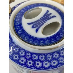 TEIERA CERAMICA BIANCA BLU MANICO BAMBU DECORO "Geisha" RISERVE ISTORIATE '50