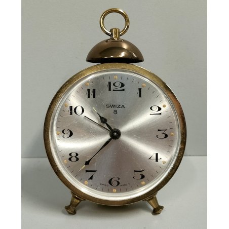 Swiza OROLOGIO TAVOLO 8 GIORNI suoneria ANNI 70 OTTONE DORATO Old Alarm Clock