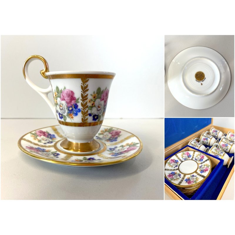 SET 6 TAZZINE CAFFè PORCELLANA RWK Baviera ORO DECORO BOUQUET FIORITO WOODEN BOX