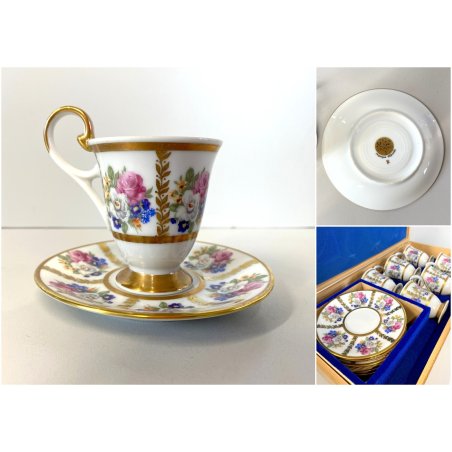 SET 6 TAZZINE CAFFè PORCELLANA RWK Baviera ORO DECORO BOUQUET FIORITO WOODEN BOX