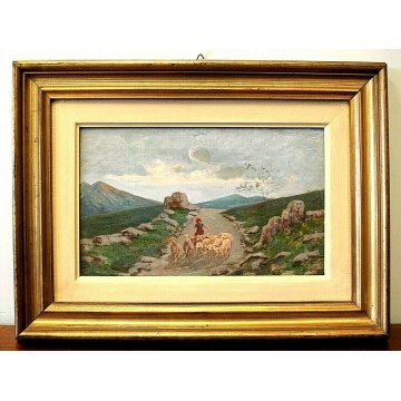 ANTICO DIPINTO OLIO TAVOLA PASTORELLA GREGGE PECORE PASCOLO TRAMONTO MONTAGNE  