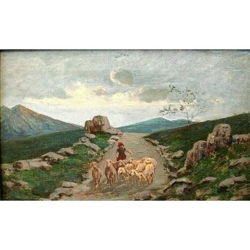 ANTICO DIPINTO OLIO TAVOLA PASTORELLA GREGGE PECORE PASCOLO TRAMONTO MONTAGNE  
