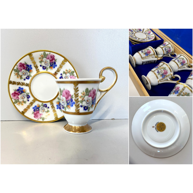 SET 6 TAZZINE CAFFè PORCELLANA RWK Baviera DECORO BOUQUET FIORITO ORO WOODEN BOX