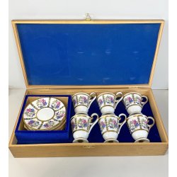 SET 6 TAZZINE CAFFè PORCELLANA RWK Baviera DECORO BOUQUET FIORITO ORO WOODEN BOX