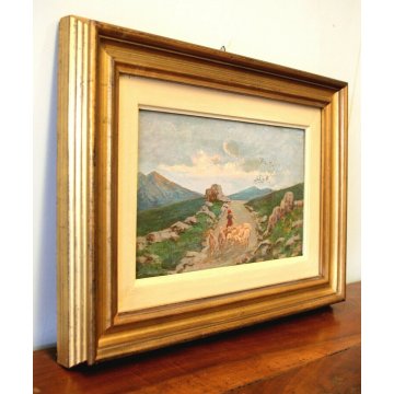 ANTICO DIPINTO OLIO TAVOLA PASTORELLA GREGGE PECORE PASCOLO TRAMONTO MONTAGNE  