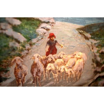 ANTICO DIPINTO OLIO TAVOLA PASTORELLA GREGGE PECORE PASCOLO TRAMONTO MONTAGNE  
