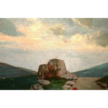 ANTICO DIPINTO OLIO TAVOLA PASTORELLA GREGGE PECORE PASCOLO TRAMONTO MONTAGNE  