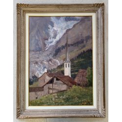 GRANDE QUADRO DIPINTO OLIO TAVOLA C. Agazzi PAESAGGIO Entrèves COURMAYEUR '800