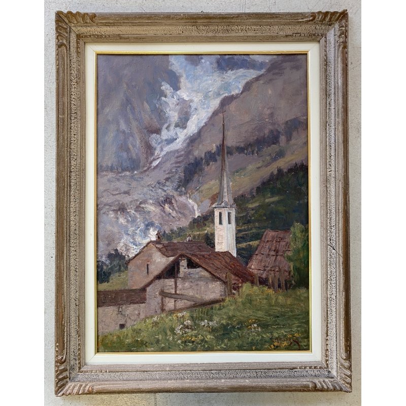 GRANDE QUADRO DIPINTO OLIO TAVOLA C. Agazzi PAESAGGIO Entrèves COURMAYEUR '800