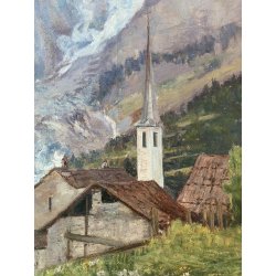 GRANDE QUADRO DIPINTO OLIO TAVOLA C. Agazzi PAESAGGIO Entrèves COURMAYEUR '800