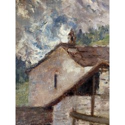 GRANDE QUADRO DIPINTO OLIO TAVOLA C. Agazzi PAESAGGIO Entrèves COURMAYEUR '800