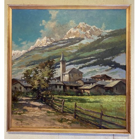 GRANDE QUADRO DIPINTO OLIO E. Magrotti PAESAGGIO ALPINO VALTOURNENCHE 94x98 cm