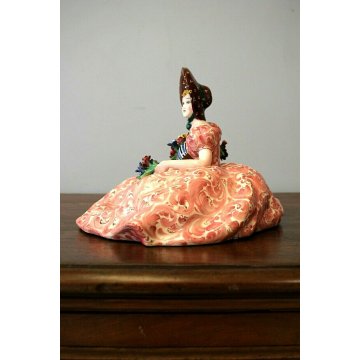 ANTICA SCULTURA CERAMICA T.Sebelin FIGURA DAMA CON CESTO FIORI CAPPELLO ART DECO