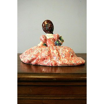 ANTICA SCULTURA CERAMICA T.Sebelin FIGURA DAMA CON CESTO FIORI CAPPELLO ART DECO