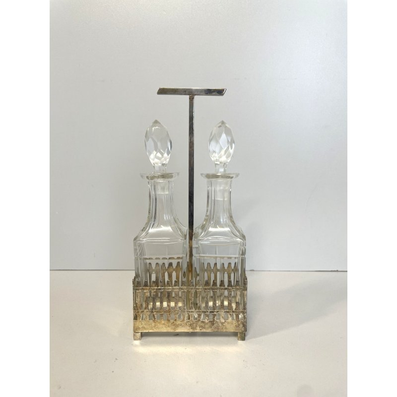 antico SET CONDIMENTI ARGENTATO PORTA OLIO ACETO da tavola BOTTIGLIE VETRO '900