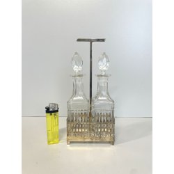 antico SET CONDIMENTI ARGENTATO PORTA OLIO ACETO da tavola BOTTIGLIE VETRO '900