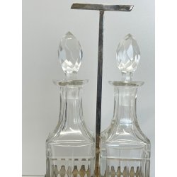 antico SET CONDIMENTI ARGENTATO PORTA OLIO ACETO da tavola BOTTIGLIE VETRO '900