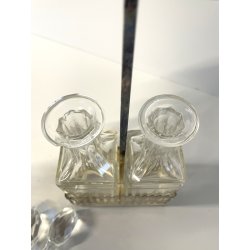 antico SET CONDIMENTI ARGENTATO PORTA OLIO ACETO da tavola BOTTIGLIE VETRO '900