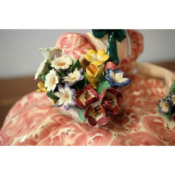 ANTICA SCULTURA CERAMICA T.Sebelin FIGURA DAMA CON CESTO FIORI CAPPELLO ART DECO