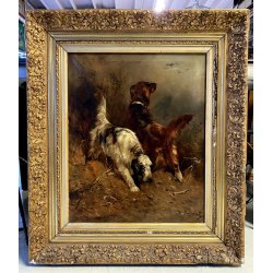 QUADRO DIPINTO OLIO TELA Henry Schouter DUE CANI da CACCIA SETTER