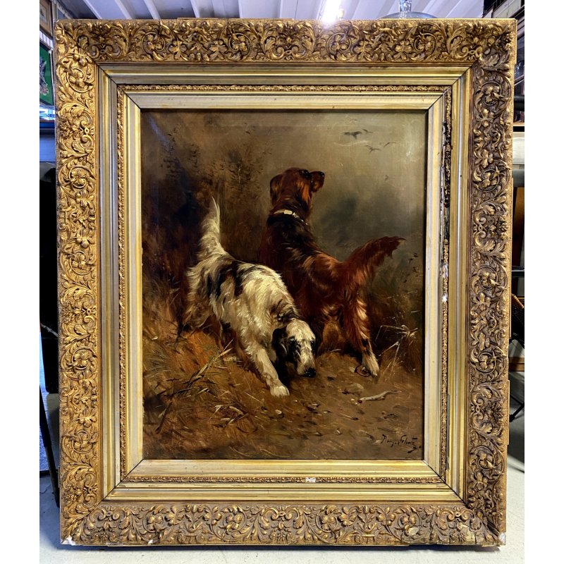 QUADRO DIPINTO OLIO TELA Henry Schouter DUE CANI da CACCIA SETTER